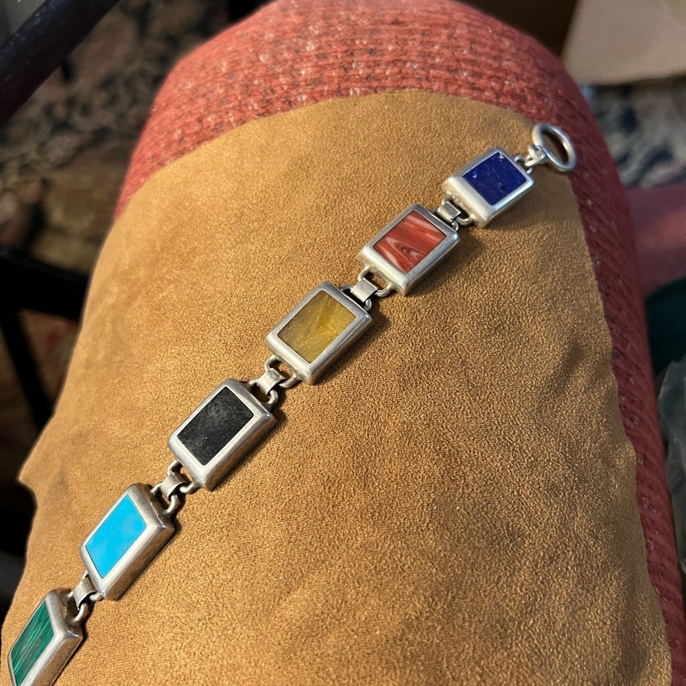 Sterling Silver Multistone Rectangle Link Bracelet - Colorful Inlay